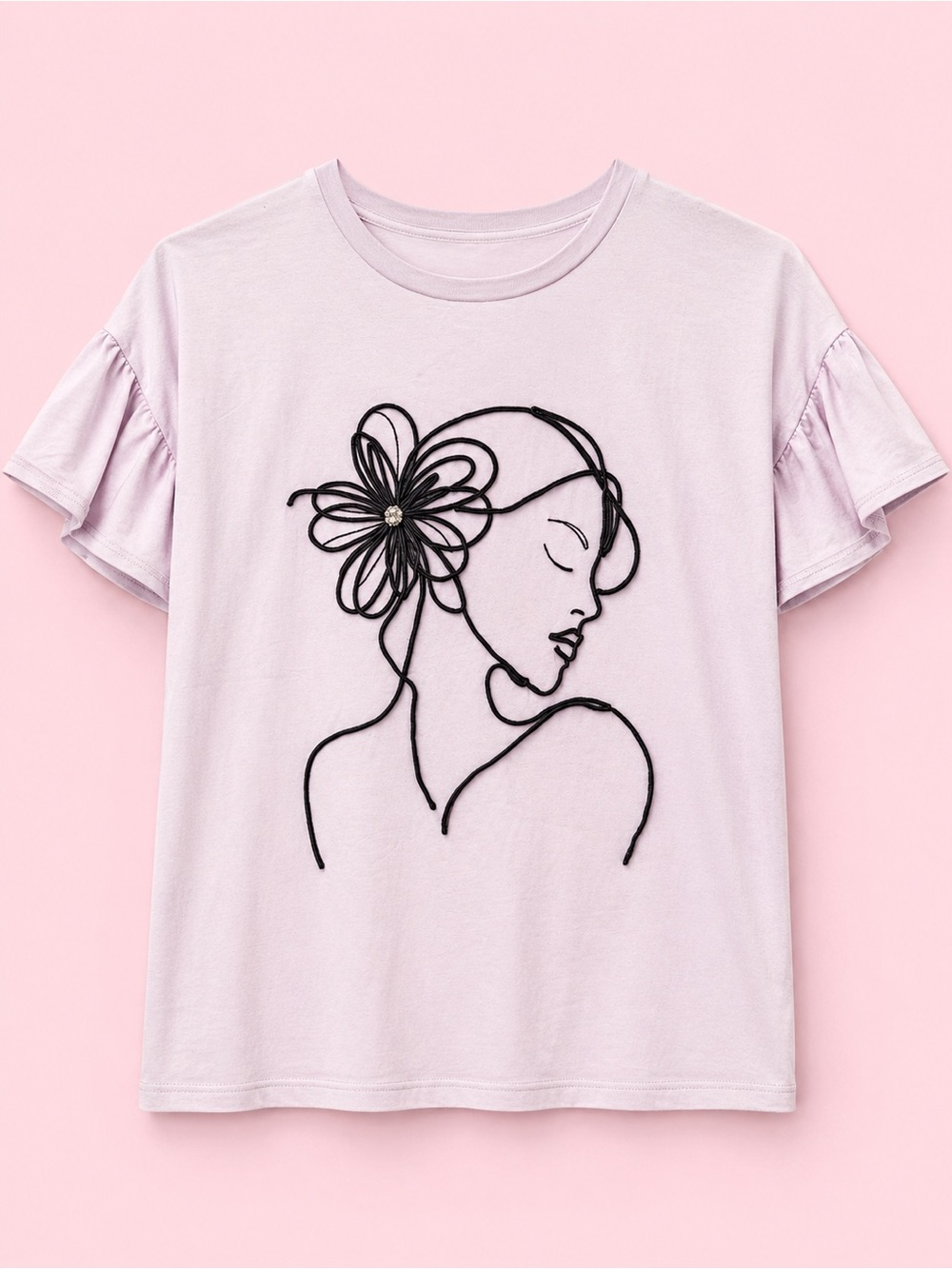 Women’s Light Pink Floral Line-Illustration Ruffle-Sleeve Tee